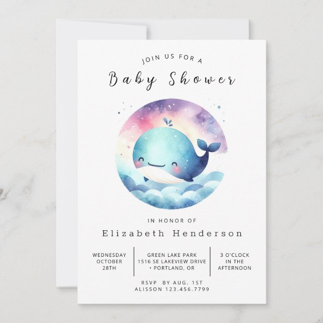 Invitación Bajo el mar Baby Shower de ballena imprimible (Anverso)