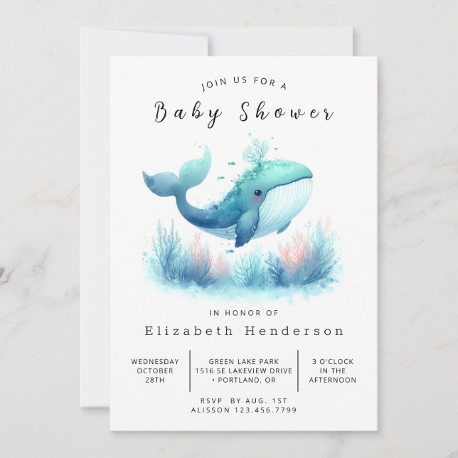 Invitación Bajo el mar Baby Shower de ballena imprimible (Anverso)