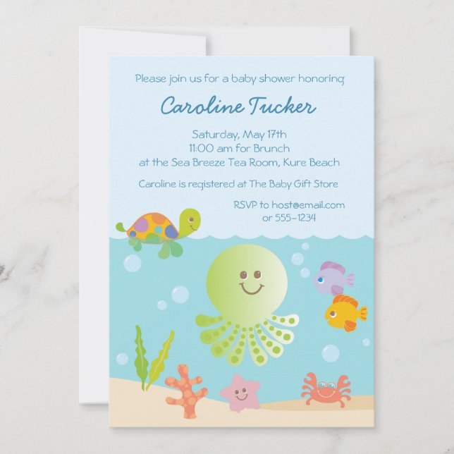 Invitación Bajo el mar Baby Shower en azul (Anverso)