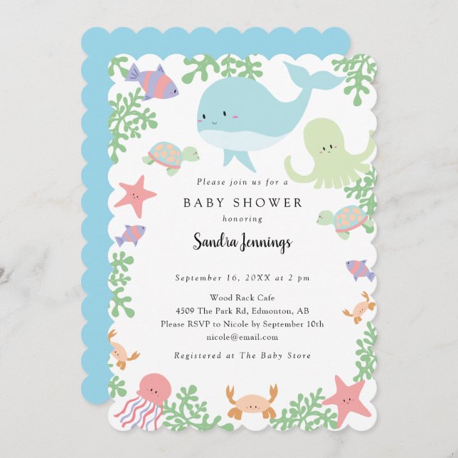 Invitación Bajo el mar Baby Shower Neutral Pastel Cute (Anverso / Reverso)