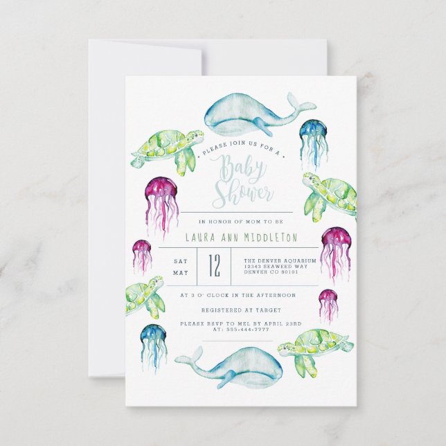 Invitación Bajo el mar Baby Shower Ocean Animals Watercolor (Anverso)