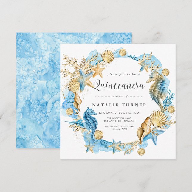 Invitación Bajo el mar, Blue & Gold Quinceañera Square (Anverso / Reverso)