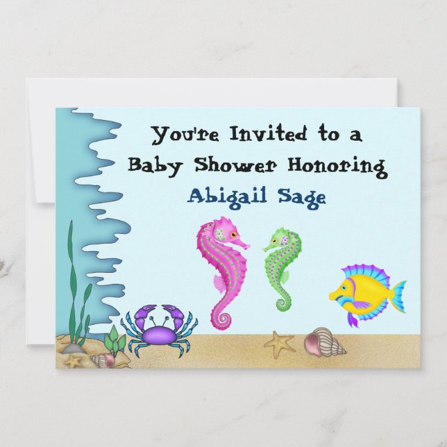 Invitación Bajo el mar: caballito de mar, Baby Shower neutral (Anverso)