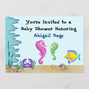 Invitación Bajo el mar: caballito de mar, Baby Shower neutral