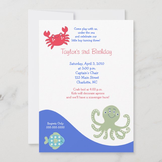Invitación Bajo el mar Cangrejo de Cumpleaños Calipso 5x7 (Anverso)