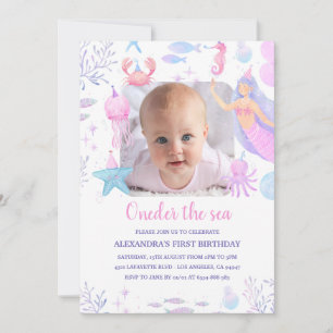 Invitación Bajo el mar Chica 1er Cumpleaños Foto de Sirena