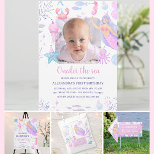 Invitación Bajo el mar Chica 1er Cumpleaños Foto de Sirena