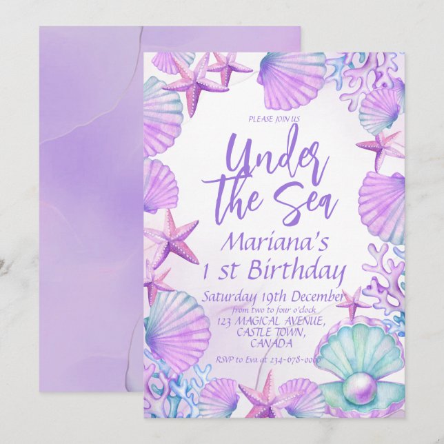 Invitación Bajo el mar, Chica de Cute, primer Fiesta de cumpl (Anverso / Reverso)