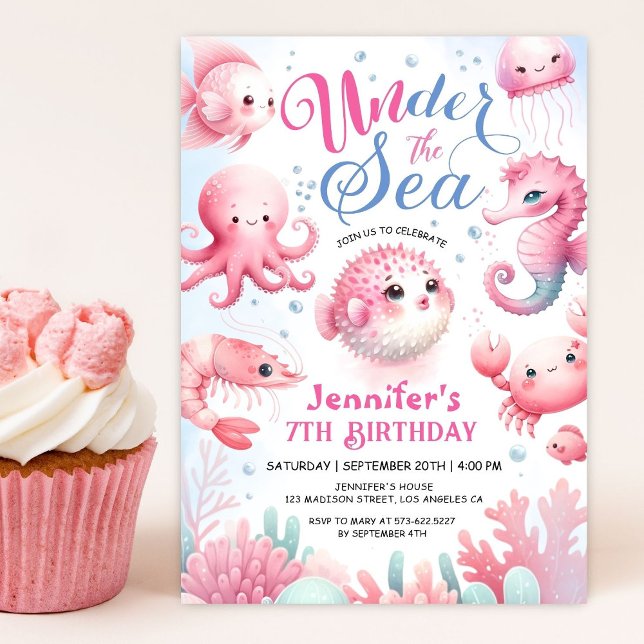 Invitación ¡Bajo El Mar! Chica Rosa Cute Océano Séptimo Cumpl (Subido por el creador)