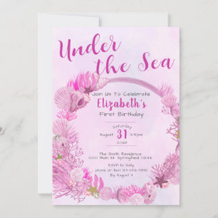 Invitación Bajo el mar, Chica Rosa de Cute, primer Fiesta de 