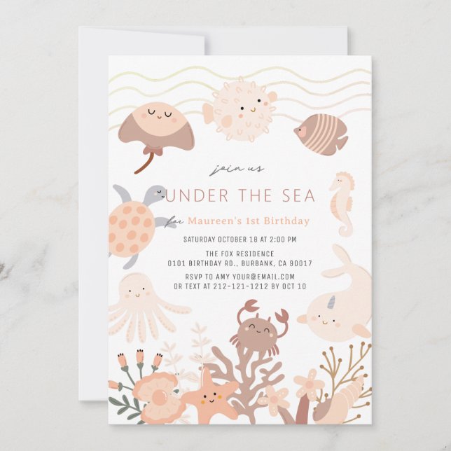 Invitación Bajo el mar criaturas Chica rosa cumpleaños (Anverso)