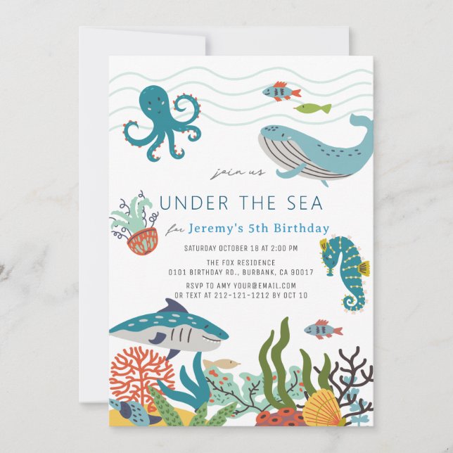 Invitación Bajo el Mar Criaturas de la Vida Marina Cumpleaños (Anverso)