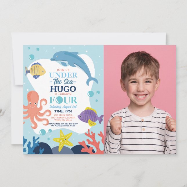 Invitación Bajo el mar Cuatro Delfines Oceánicos Octopus 4ª F (Anverso)