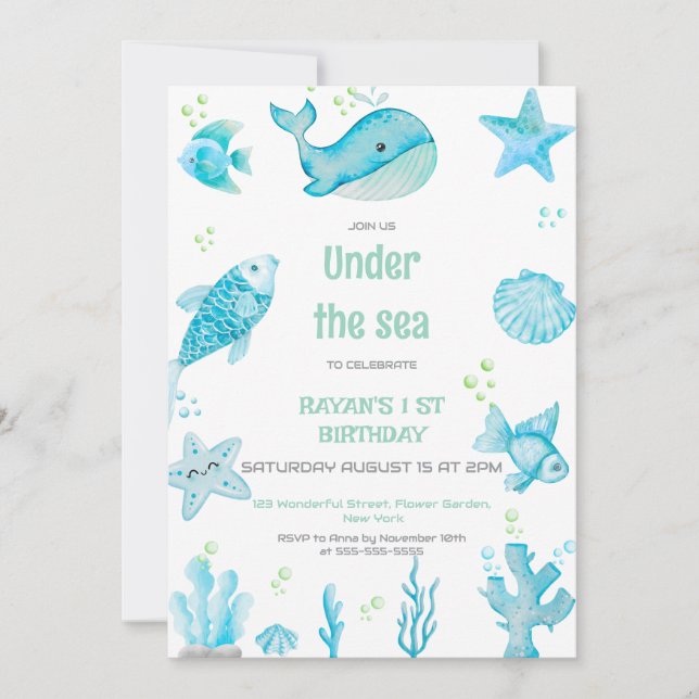 Invitación Bajo el Mar Cumpleaños Azul y Verde (Anverso)