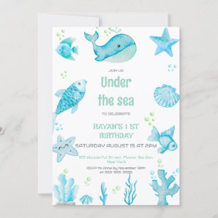 Invitación Bajo el Mar Cumpleaños Azul y Verde