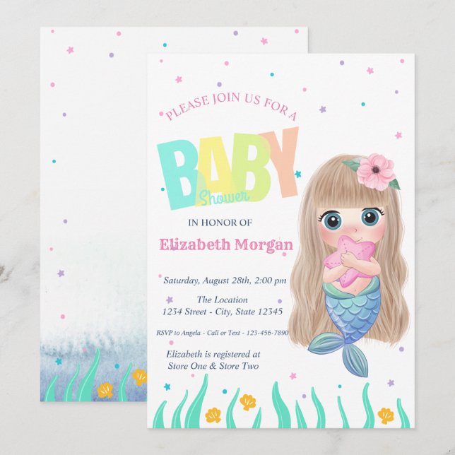 Invitación Bajo El Mar, Cumpleaños De Bebé Caracol De Sirena (Anverso / Reverso)