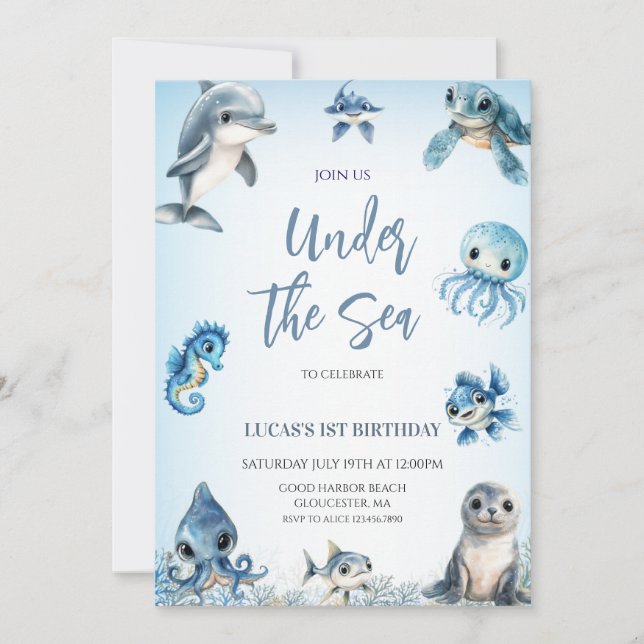 Invitación Bajo el mar, cumpleaños de Blue Boy (Anverso)