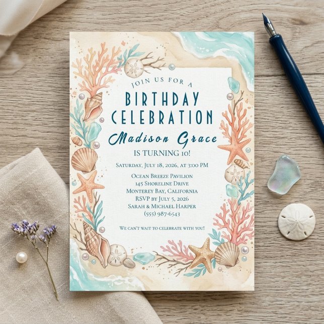 Invitación Bajo el Mar Cumpleaños de Conchas de Playa Costera (Subido por el creador)