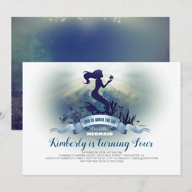 Invitación Bajo el mar - Cumpleaños de la sirena y la estrell (Anverso / Reverso)
