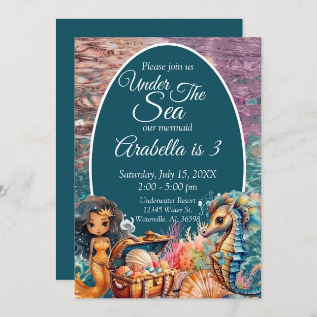 Invitación Bajo el mar Cumpleaños de la Sirenita Negra (Anverso / Reverso)
