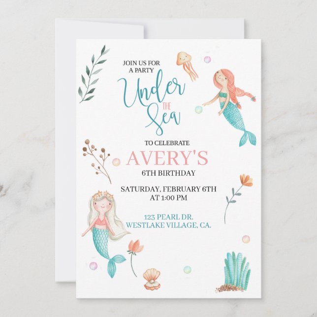 INVITACIÓN BAJO EL MAR, CUMPLEAÑOS DE MERMAID, MERMAID DE COL (Anverso)