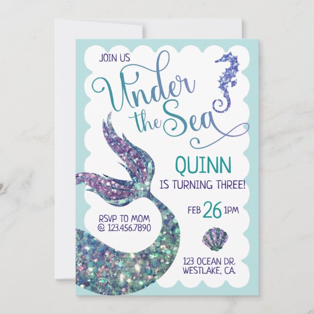 Invitación Bajo el mar, cumpleaños de sirena, salpicaduras (Anverso)