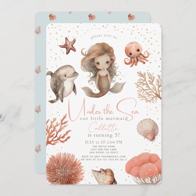 Invitación Bajo el Mar de la Sirena acuática Cumpleaños (Anverso / Reverso)