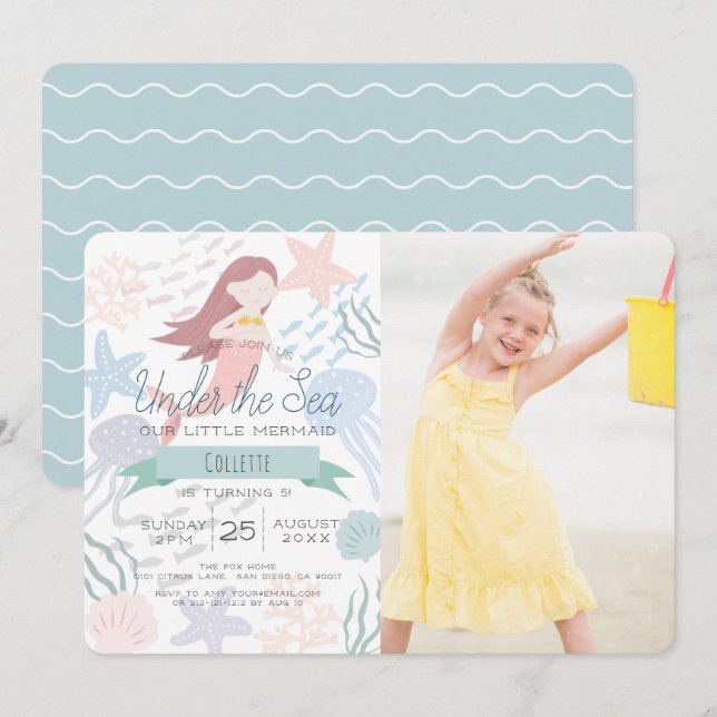 Invitación Bajo el mar de la sirena foto verde cumpleaños (Anverso / Reverso)
