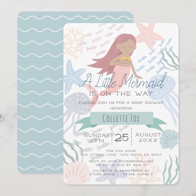 Invitación Bajo el mar de la sirena Invita Green Baby Shower (Anverso / Reverso)