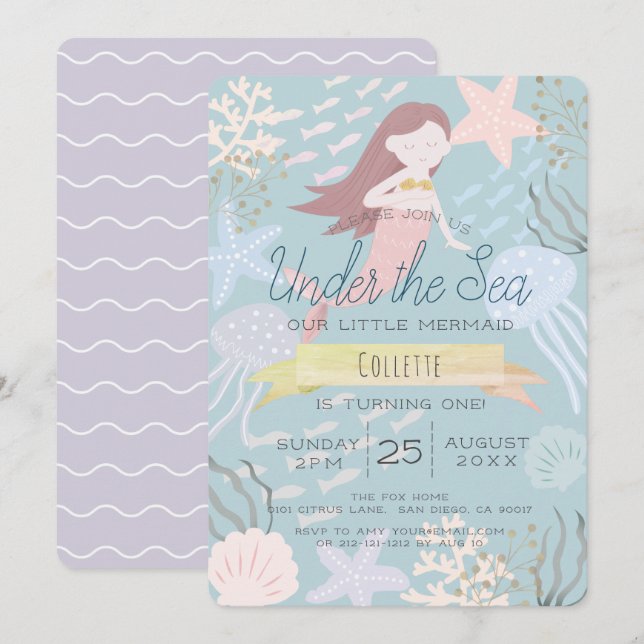 Invitación Bajo el Mar de la Sirena Verde Primer Cumpleaños (Anverso / Reverso)