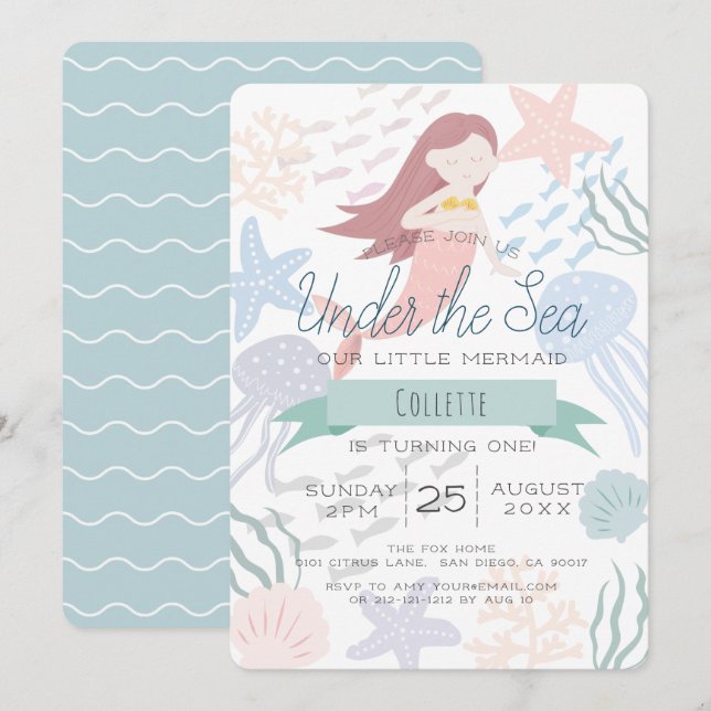Invitación Bajo el Mar de la Sirena Verde Primer Cumpleaños (Anverso / Reverso)
