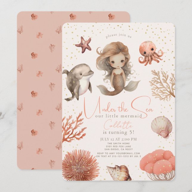 Invitación Bajo el Mar de la Sirenita Acuarela Cumpleaños Ros (Anverso / Reverso)