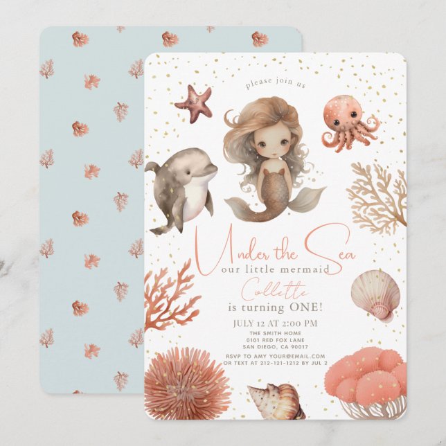 Invitación Bajo el Mar de la Sirenita Chica Primer Cumpleaños (Anverso / Reverso)