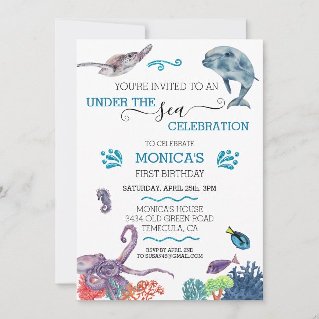 Invitación Bajo el mar Dolphin Birthday Ocean Turtle (Anverso)