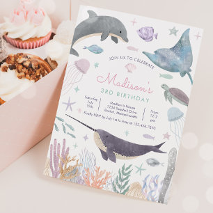 Invitación Bajo el mar Dolphin Narwhal Sea Life Birthday