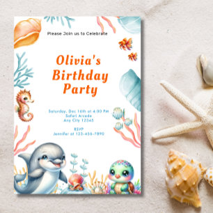 Invitación Bajo el mar Dolphin Turtle Niños Fiesta de Cumplea