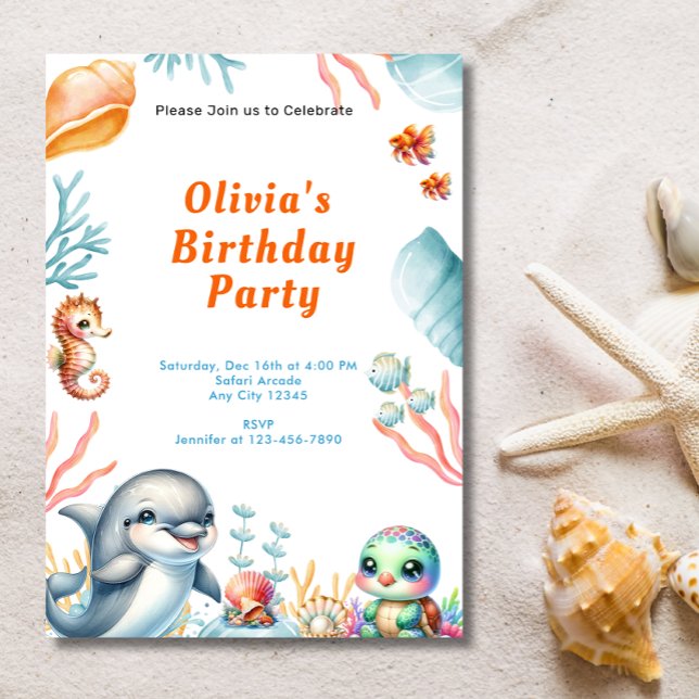 Invitación Bajo el mar Dolphin Turtle Niños Fiesta de Cumplea (Subido por el creador)