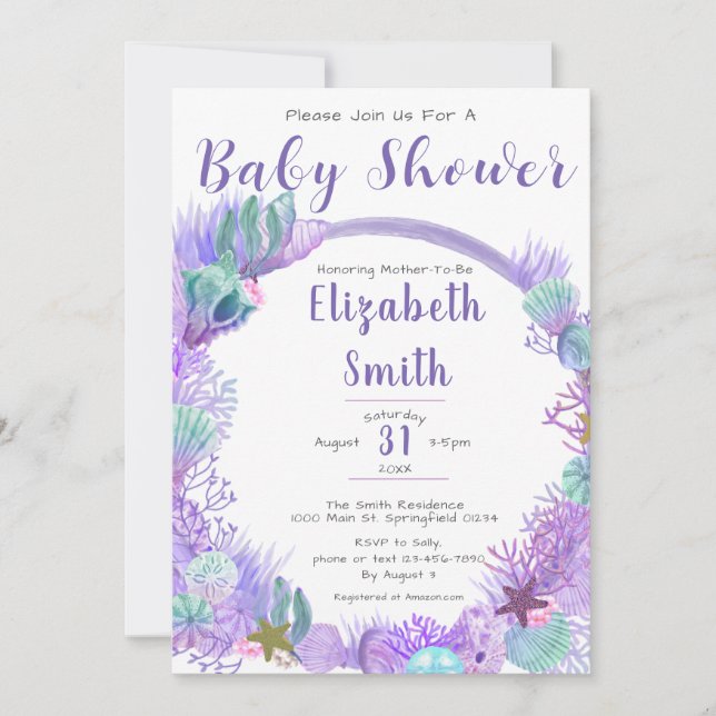 Invitación Bajo el mar, el Baby Shower morado y verde (Anverso)