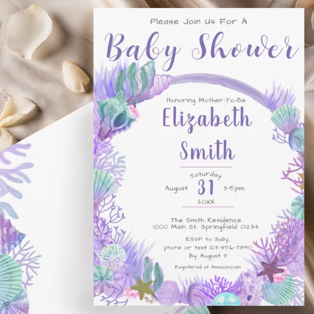 Invitación Bajo el mar, el Baby Shower morado y verde (Subido por el creador)