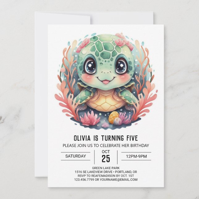 Invitación Bajo el mar, el cumpleaños de la Chica de tortugas (Anverso)