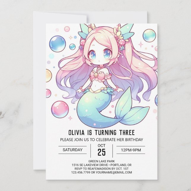 Invitación Bajo el mar, el cumpleaños de la sirena (Anverso)