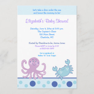 Invitación Bajo el mar el pulpo morado y el cangrejo 5x7 la i