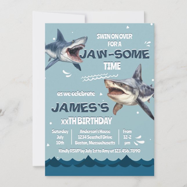 Invitación Bajo el mar el tiburón JawAlgún cumpleaños horario (Anverso)