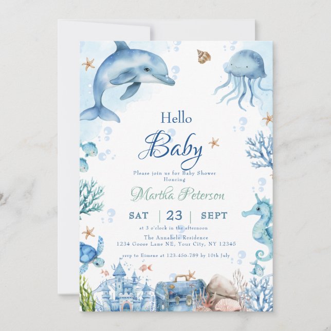 Invitación Bajo el mar Fiesta de bebé de conchas marinas (Anverso)