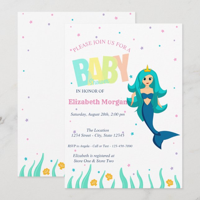 Invitación Bajo El Mar, Fiesta de Bebé Sirena (Anverso / Reverso)