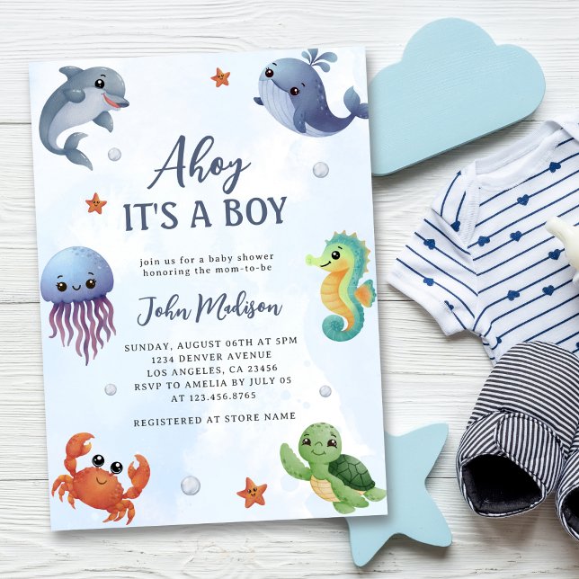 Invitación Bajo el mar hoy es un Baby Shower azul de niño (Subido por el creador)