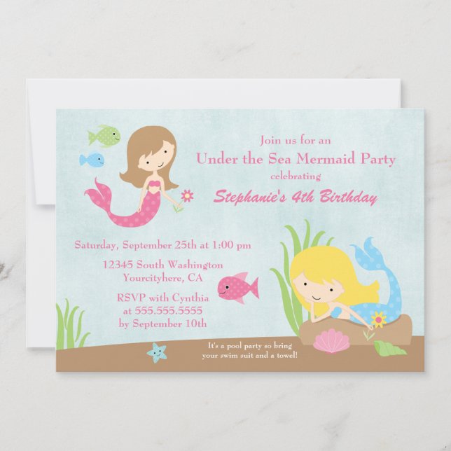 Invitación Bajo el mar, la fiesta de cumpleaños de la sirena  (Anverso)