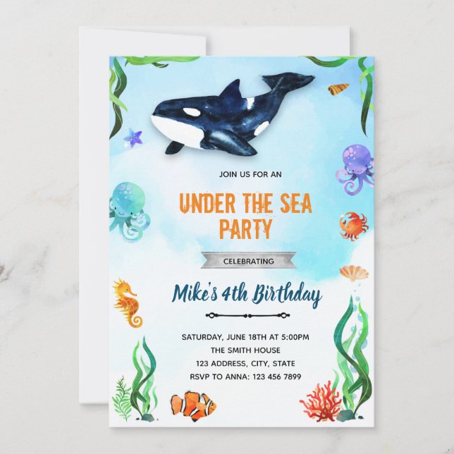 Invitación Bajo el mar la orca cumpleaños (Anverso)
