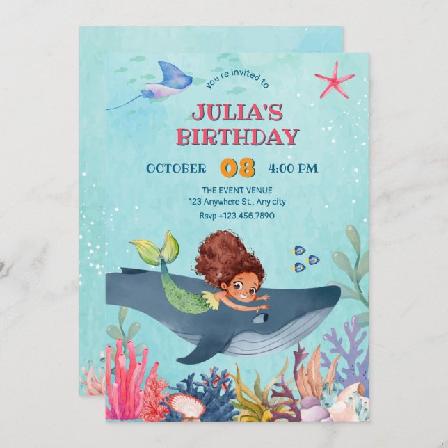 Invitación Bajo el mar, la pequeña sirena y el cumpleaños de  (Anverso / Reverso)