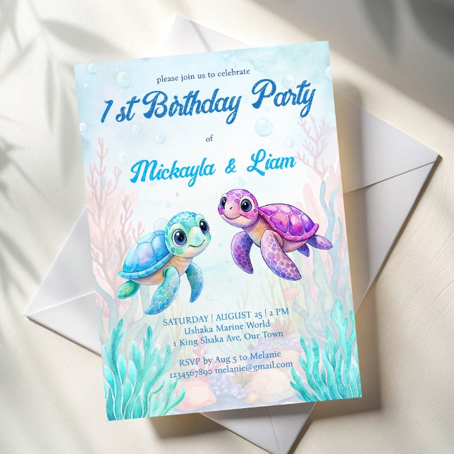 Invitación Bajo el mar la tortuga acuática es el cumpleaños d (Under the sea turtle aqua blue  purple twins birthday party invitation template)